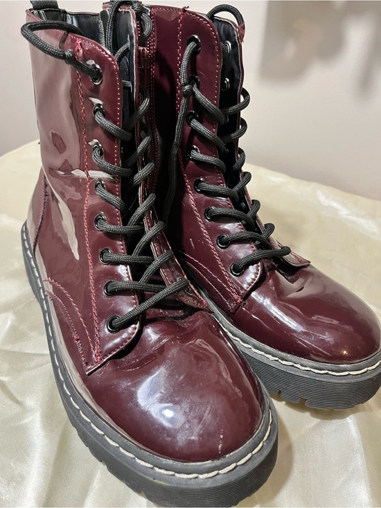 Shoes - Sincerely Jules Women’s Glossy Burgundy Lace-Up Combat Boots